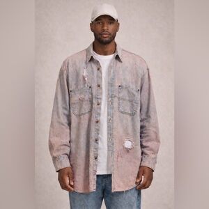 Vintage Distressed Grunge Look Oversize Button Down Jean Shirt 100% Cotton L